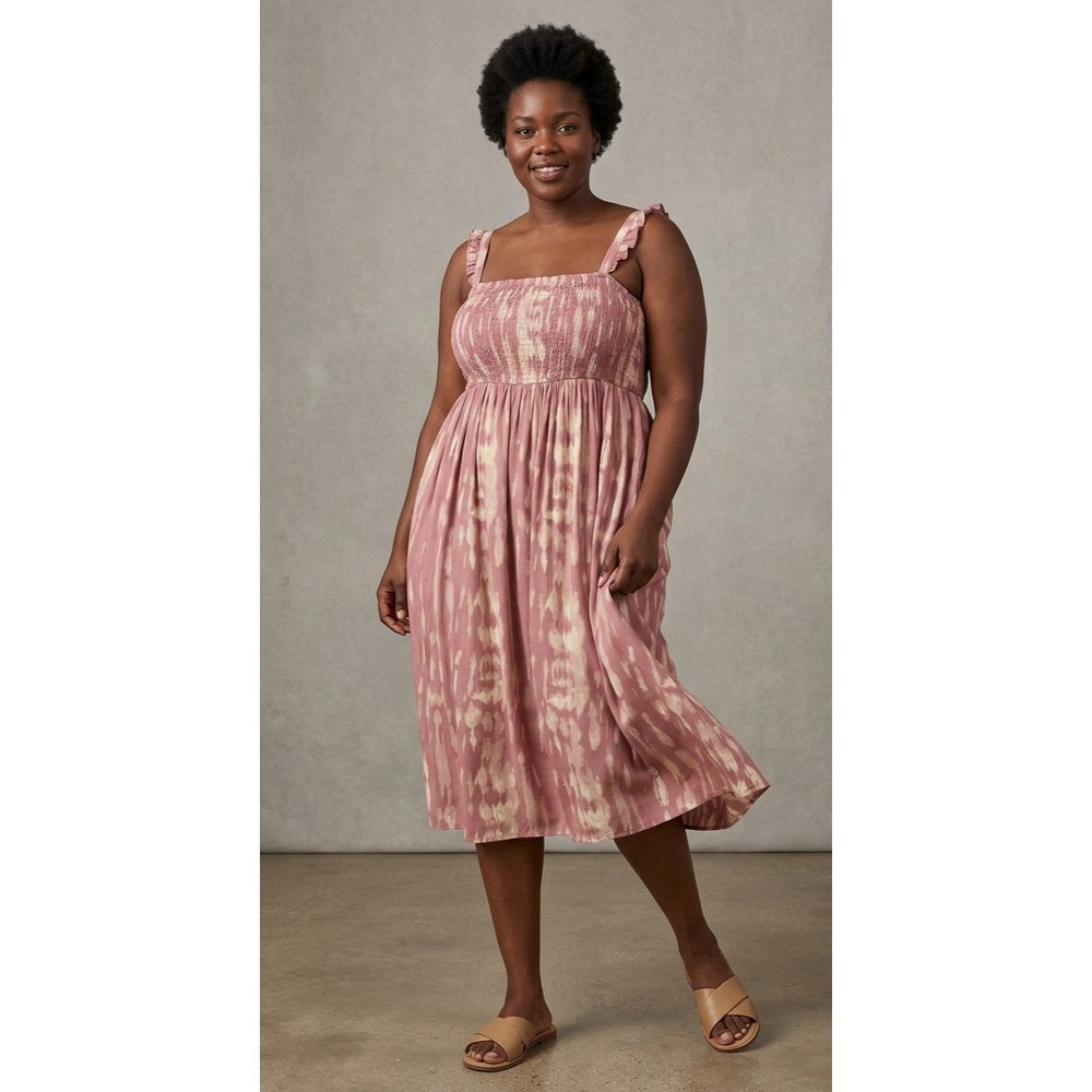 Torrid Midi Challis Smocked Tiered Dress‎ 3X Pink Tie Dye Woven Stretch Pockets